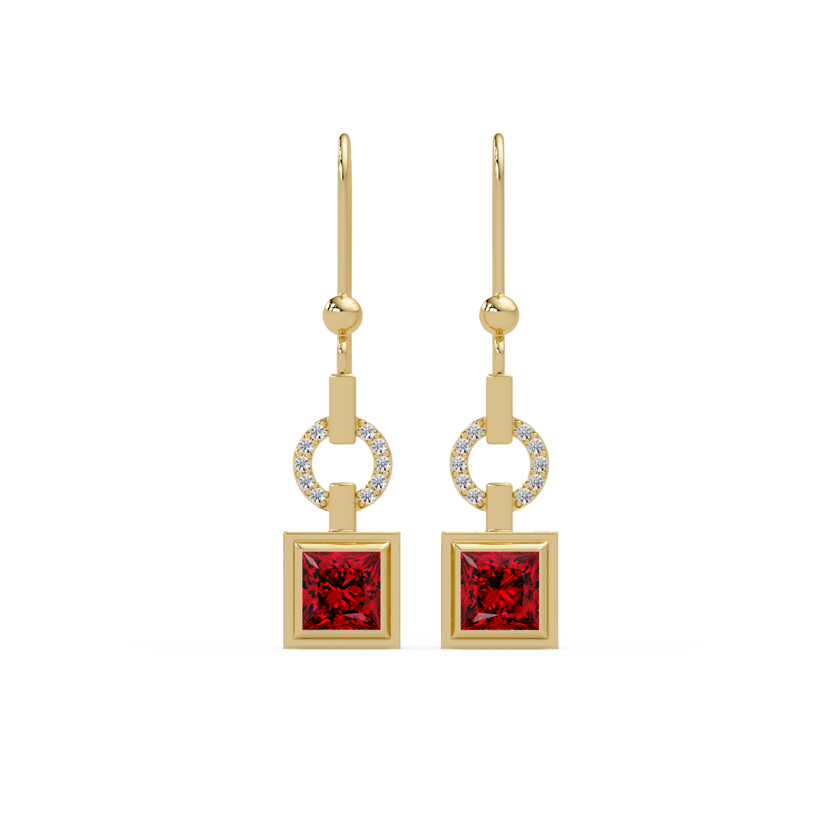 1.5 CTW princess-cut colorstone drop earrings in Gold, Ruby Red