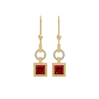 1.5 CTW princess-cut colorstone drop earrings in Gold, Ruby Red