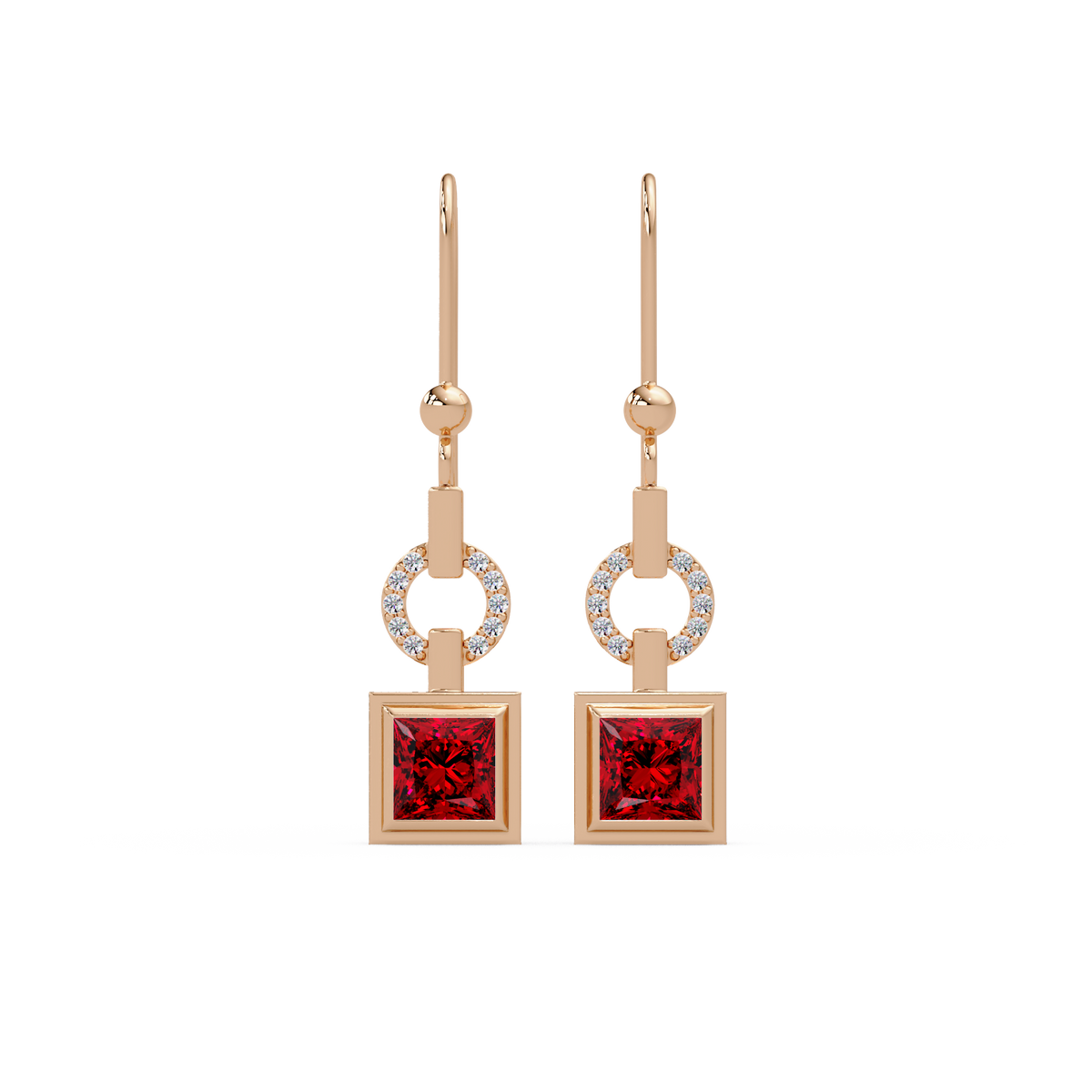 1.5 CTW princess-cut colorstone drop earrings in Rose gold, Ruby Red