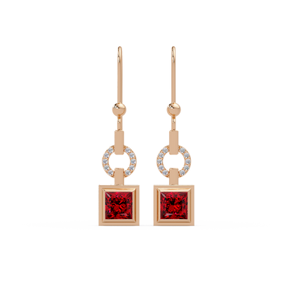 1.5 CTW princess-cut colorstone drop earrings in Rose gold, Ruby Red