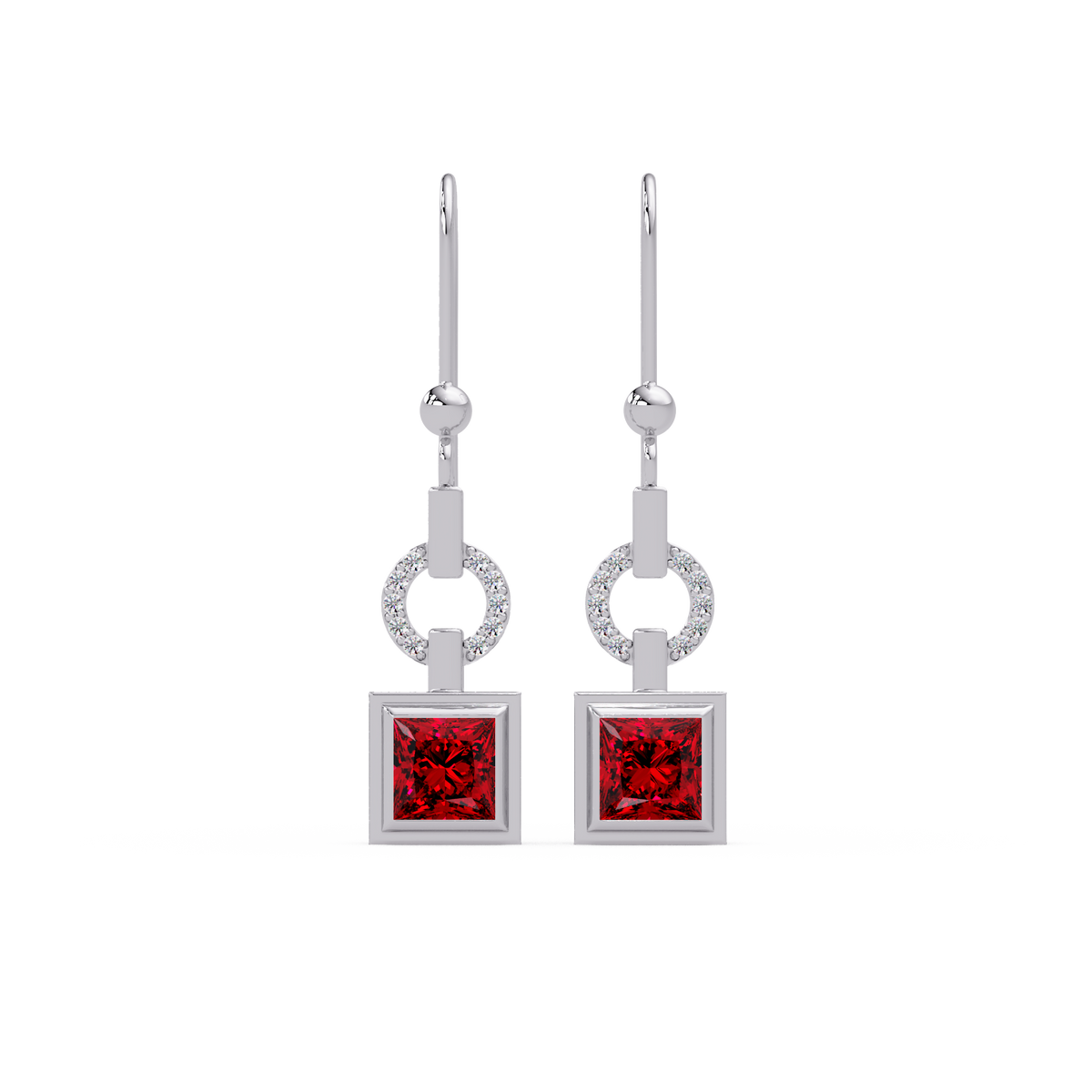 1.5 CTW princess-cut colorstone drop earrings in White gold, Ruby Red