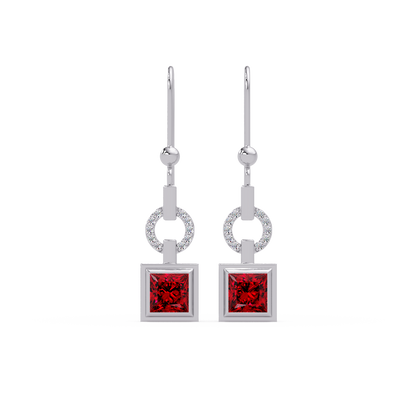 1.5 CTW princess-cut colorstone drop earrings in White gold, Ruby Red