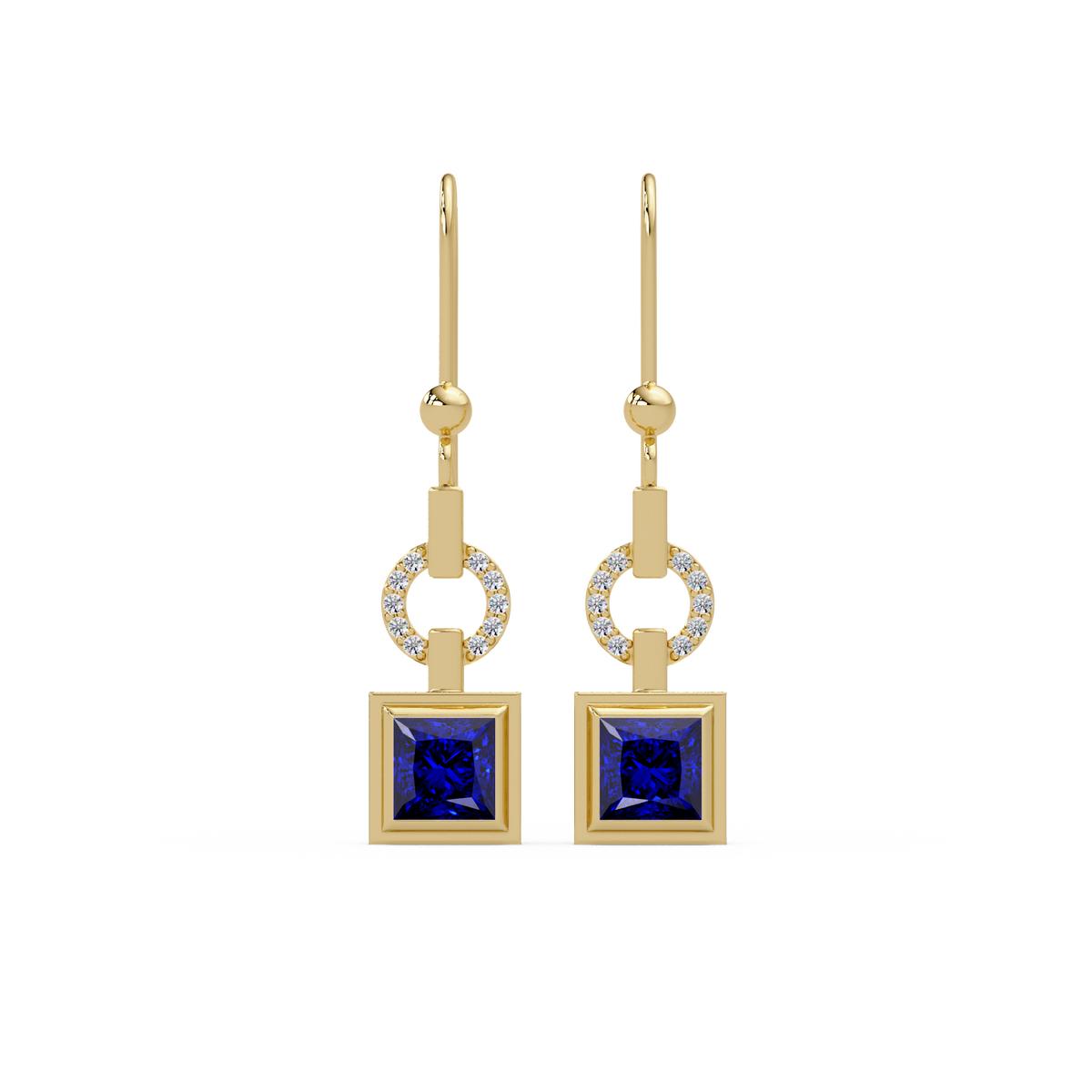 1.5 CTW princess-cut colorstone drop earrings in Gold, Sapphire Blue