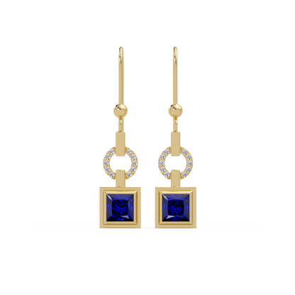 1.5 CTW princess-cut colorstone drop earrings in Gold, Sapphire Blue