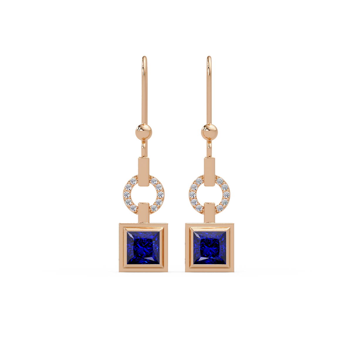1.5 CTW princess-cut colorstone drop earrings in Rose gold, Sapphire Blue