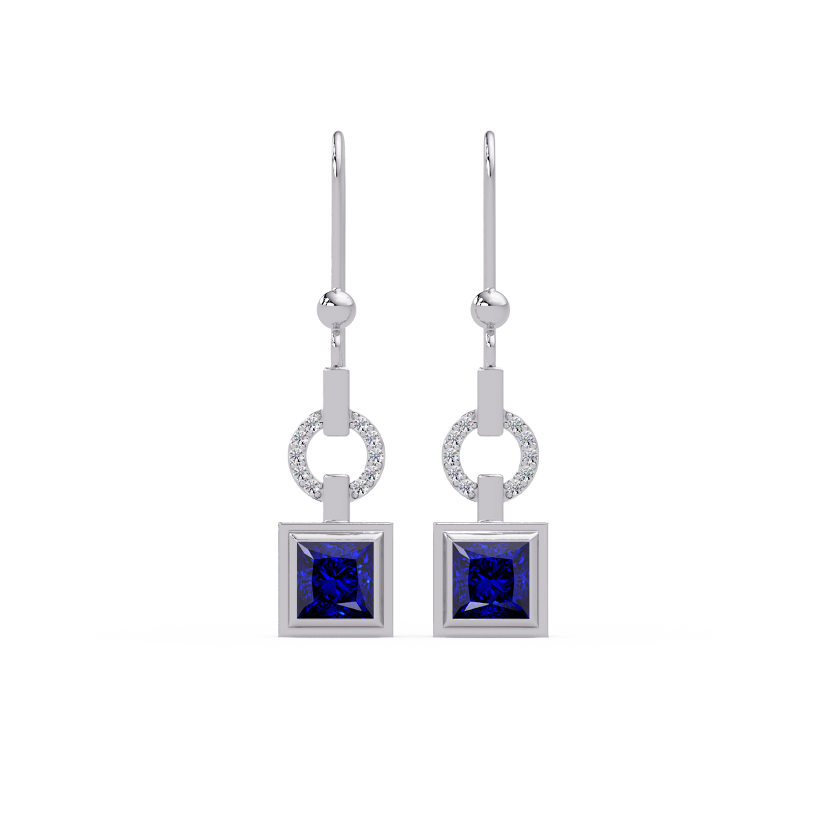 1.5 CTW princess-cut colorstone drop earrings in White gold, Sapphire Blue