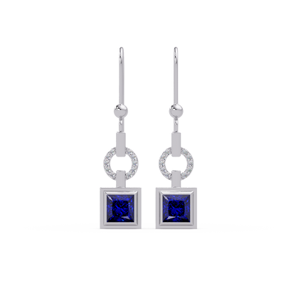 1.5 CTW princess-cut colorstone drop earrings in White gold, Sapphire Blue