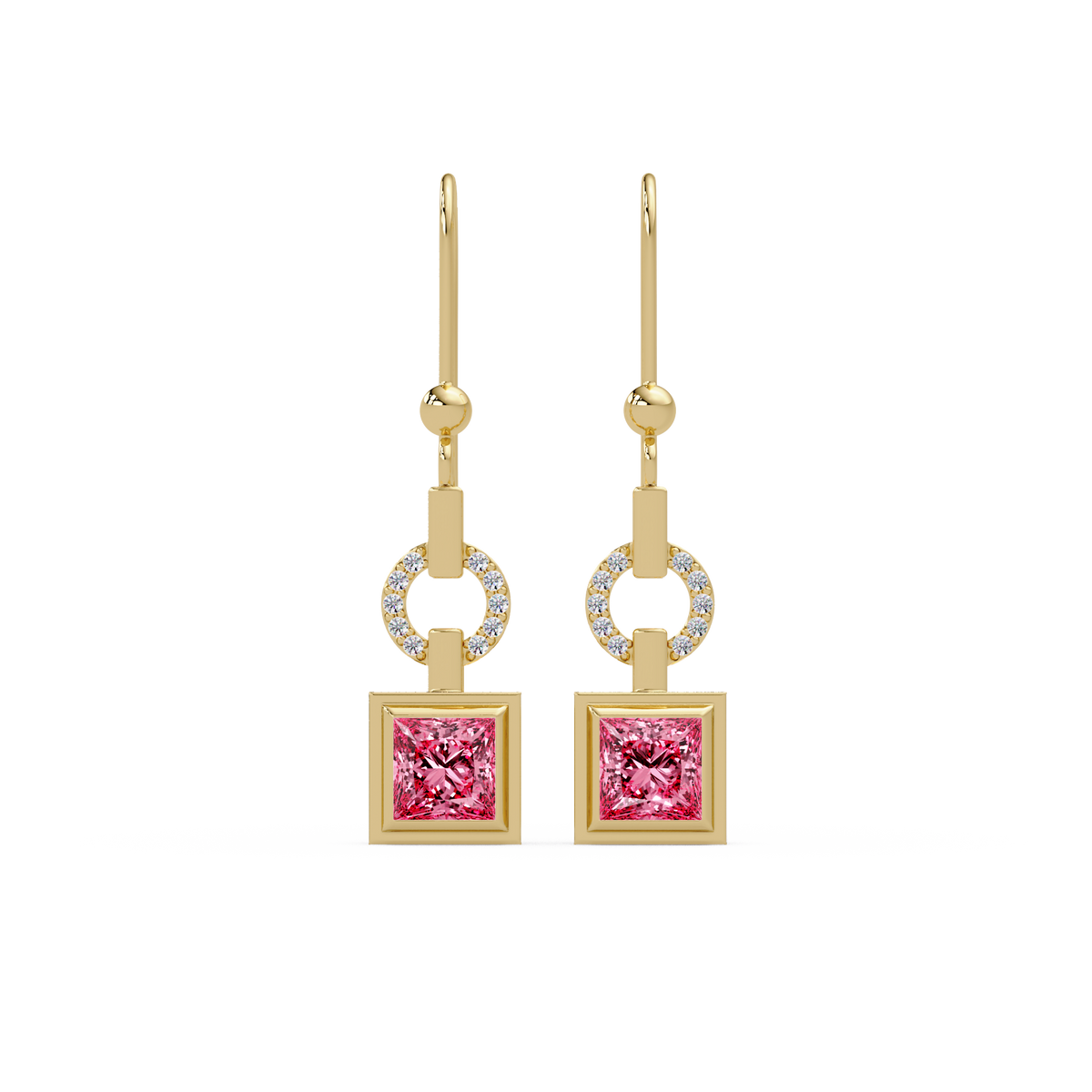 1.5 CTW princess-cut colorstone drop earrings in Gold, Tourmaline Pink