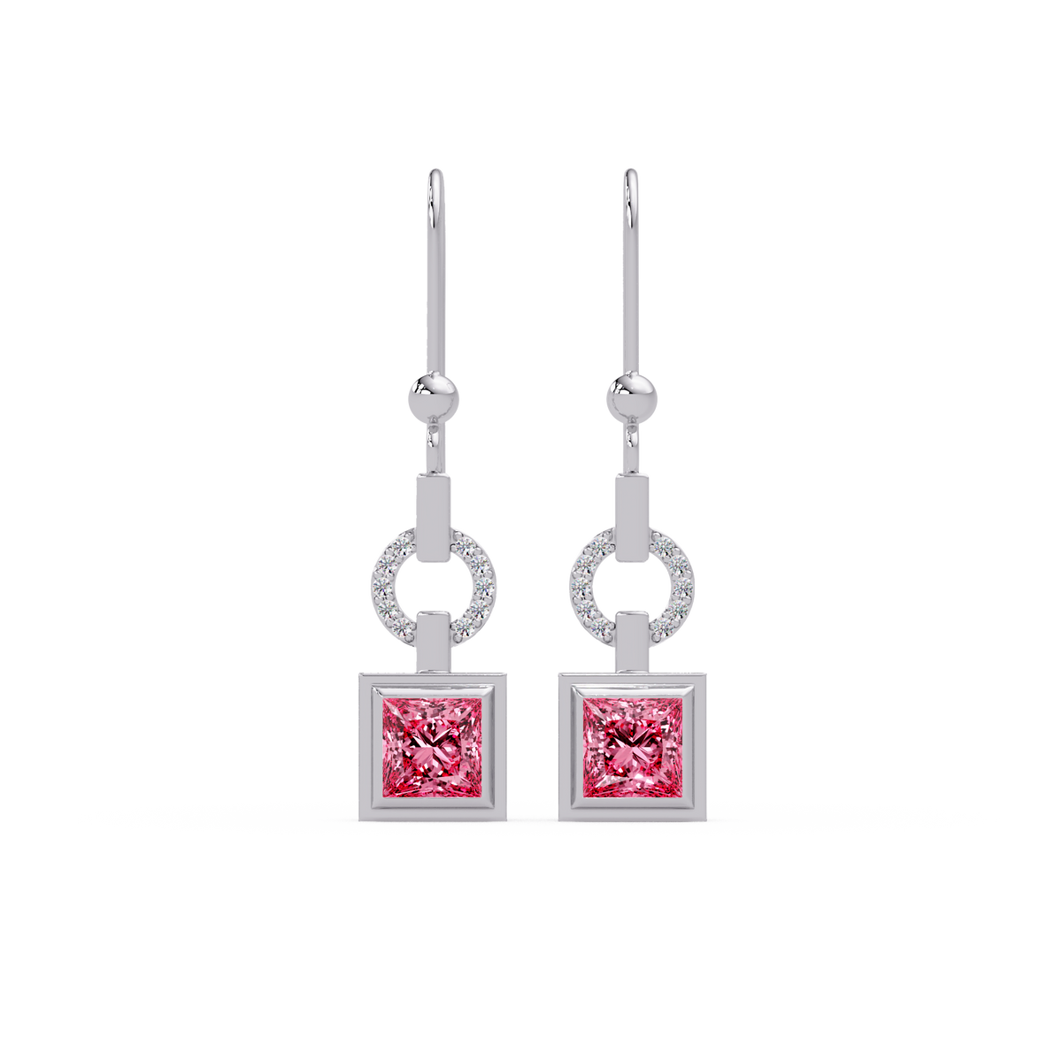 1.5 CTW princess-cut colorstone drop earrings in White gold, Tourmaline Pink