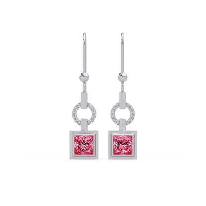1.5 CTW princess-cut colorstone drop earrings in White gold, Tourmaline Pink
