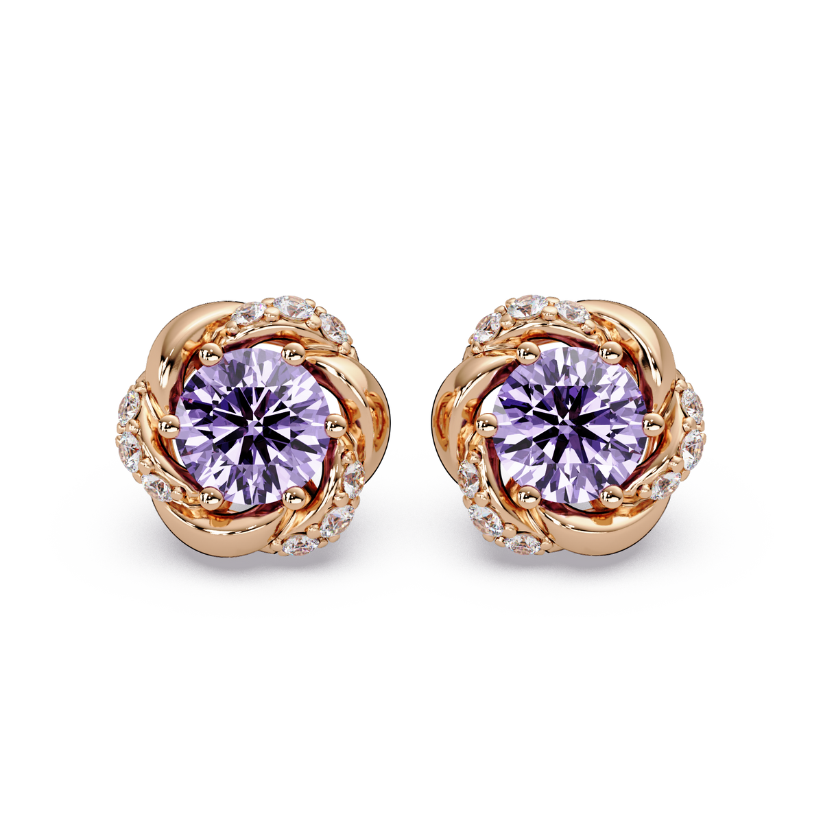 0.6 CTW Round Halo Colorstone Stud Earrings, Amethyst Purple, 14K Rose Gold