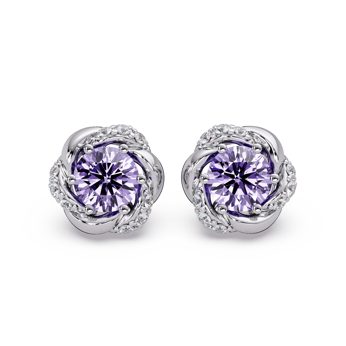 0.6 CTW Round Halo Colorstone Stud Earrings, Amethyst Purple, 14K White Gold