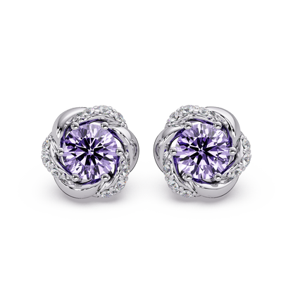 0.6 CTW Round Halo Colorstone Stud Earrings, Amethyst Purple, 14K White Gold