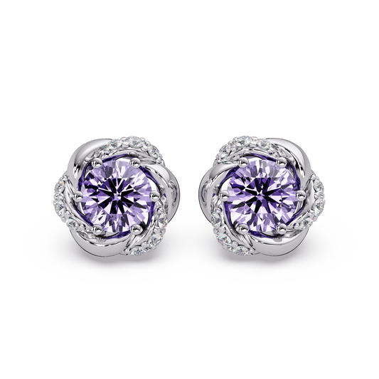 0.6 CTW Round Halo Colorstone Stud Earrings, Amethyst Purple, 14K White Gold