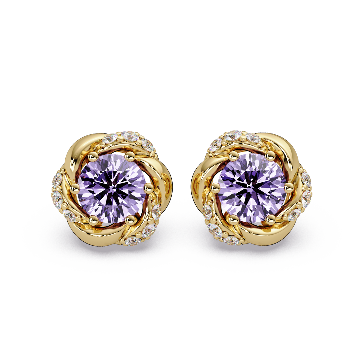0.6 CTW Round Halo Colorstone Stud Earrings, Amethyst Purple, 14K Yellow Gold