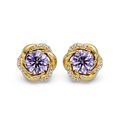 0.6 CTW Round Halo Colorstone Stud Earrings, Amethyst Purple, 14K Yellow Gold