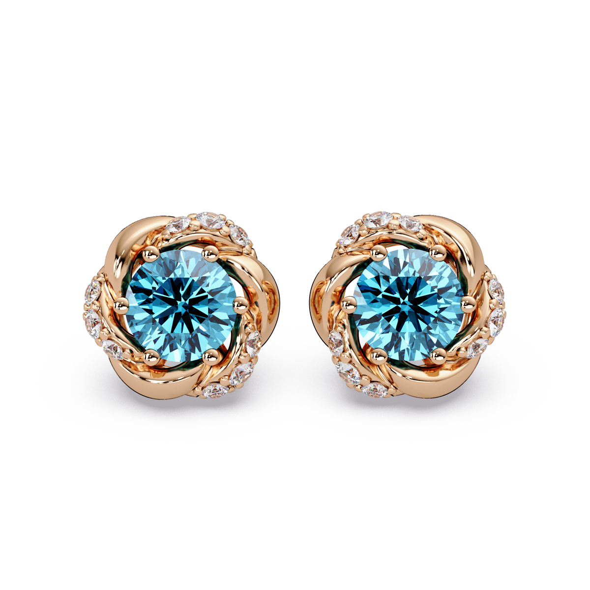 0.6 CTW Round Halo Colorstone Stud Earrings, Aquamarine Blue, 14K Rose Gold