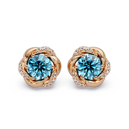 0.6 CTW Round Halo Colorstone Stud Earrings, Aquamarine Blue, 14K Rose Gold