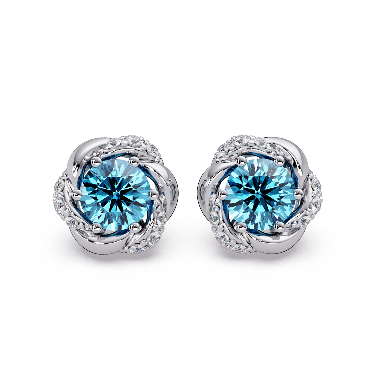 0.6 CTW Round Halo Colorstone Stud Earrings, Aquamarine Blue, 14K White Gold