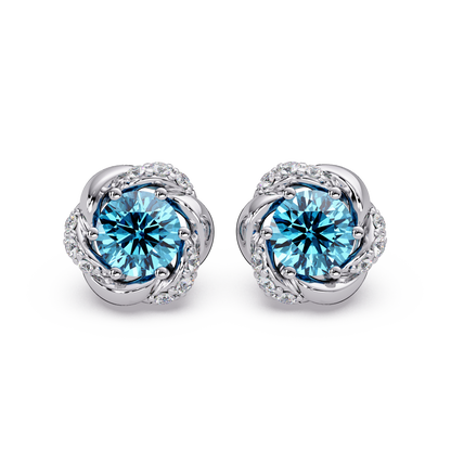 0.6 CTW Round Halo Colorstone Stud Earrings, Aquamarine Blue, 14K White Gold