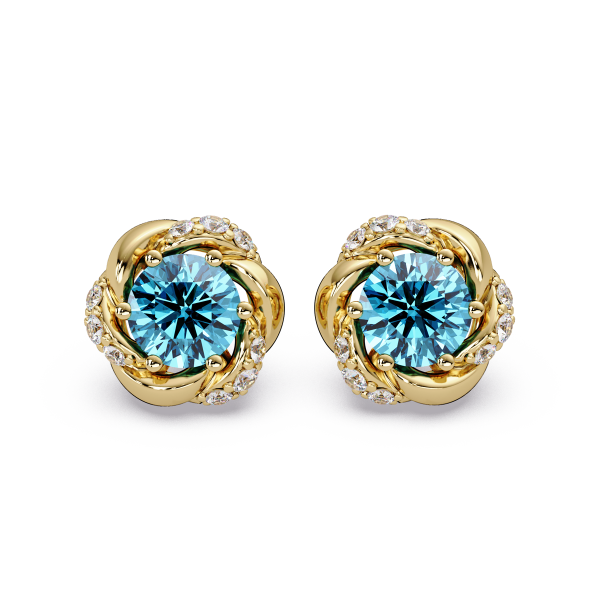 0.6 CTW Round Halo Colorstone Stud Earrings, Aquamarine Blue, 14K Yellow Gold