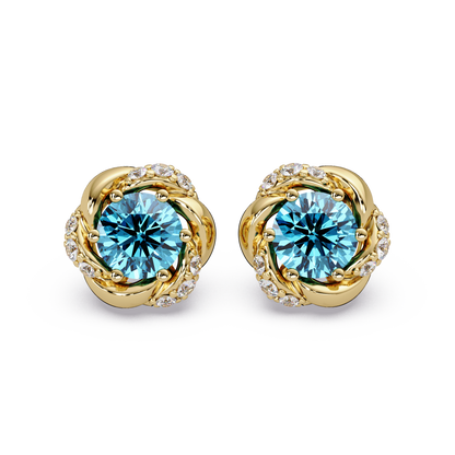 0.6 CTW Round Halo Colorstone Stud Earrings, Aquamarine Blue, 14K Yellow Gold