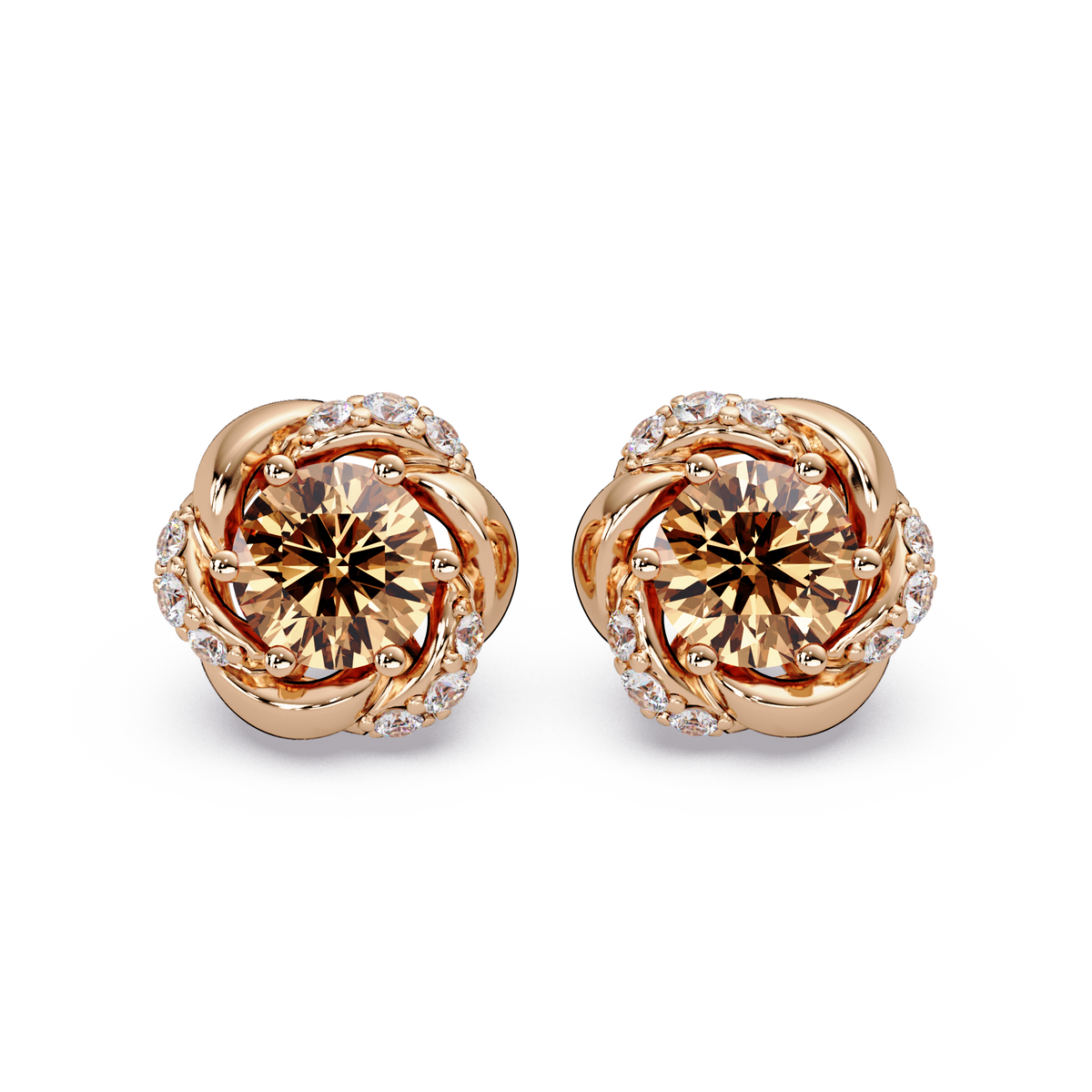 0.6 CTW Round Halo Colorstone Stud Earrings, Champagne Topaz, 14K Rose Gold