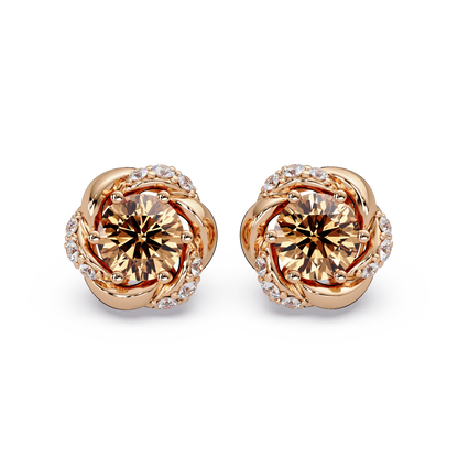 0.6 CTW Round Halo Colorstone Stud Earrings, Champagne Topaz, 14K Rose Gold