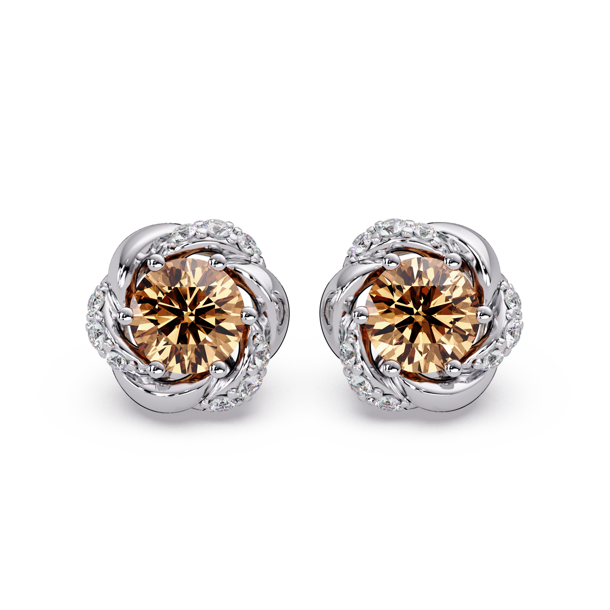 0.6 CTW Round Halo Colorstone Stud Earrings, Champagne Topaz, 14K White Gold