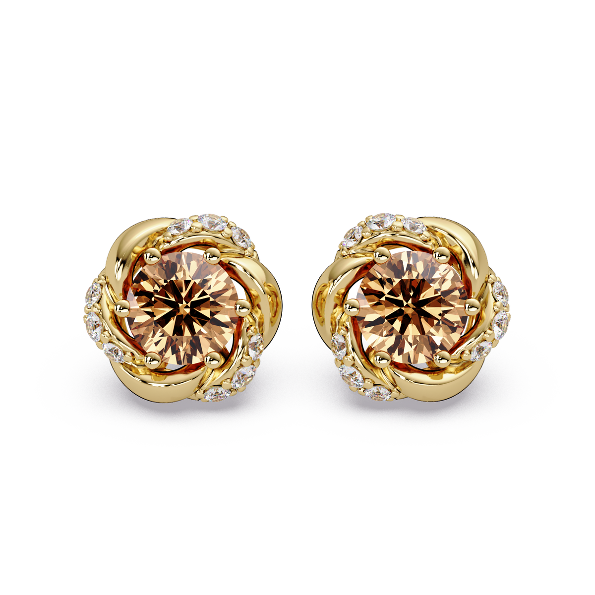 0.6 CTW Round Halo Colorstone Stud Earrings, Champagne Topaz, 14K Yellow Gold