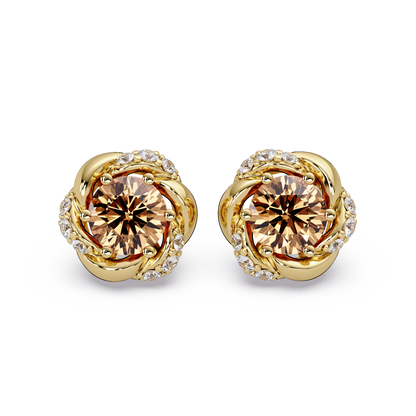 0.6 CTW Round Halo Colorstone Stud Earrings, Champagne Topaz, 14K Yellow Gold