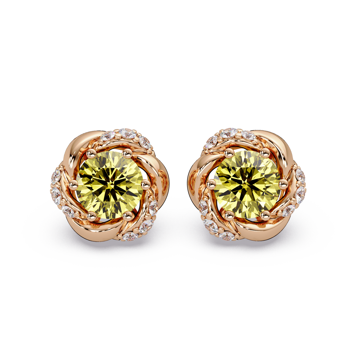 0.6 CTW Round Halo Colorstone Stud Earrings, Citrine Yellow, 14K Rose Gold