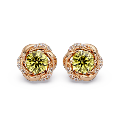0.6 CTW Round Halo Colorstone Stud Earrings, Citrine Yellow, 14K Rose Gold