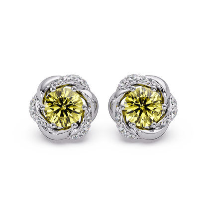 0.6 CTW Round Halo Colorstone Stud Earrings, Citrine Yellow, 14K White Gold