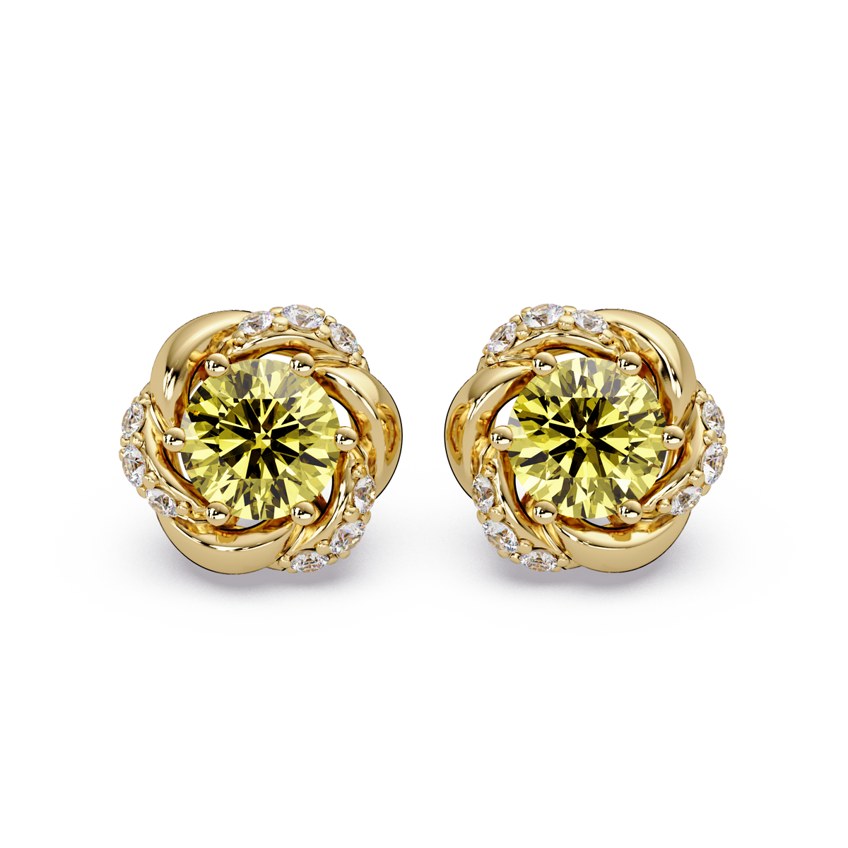 0.6 CTW Round Halo Colorstone Stud Earrings, Citrine Yellow, 14K Yellow Gold