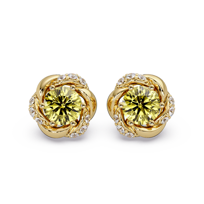 0.6 CTW Round Halo Colorstone Stud Earrings, Citrine Yellow, 14K Yellow Gold