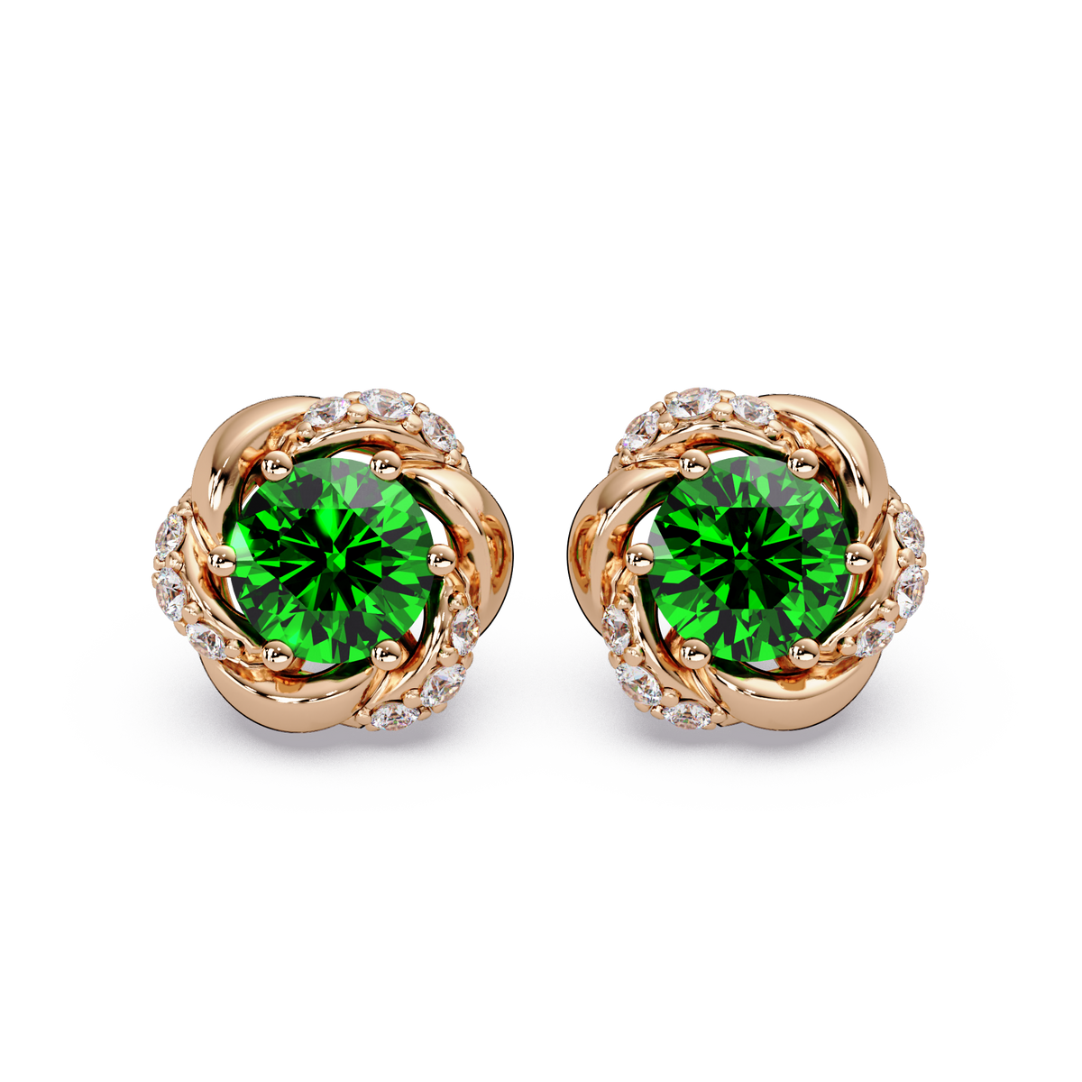 0.6 CTW Round Halo Colorstone Stud Earrings, Emerald Green, 14K Rose Gold
