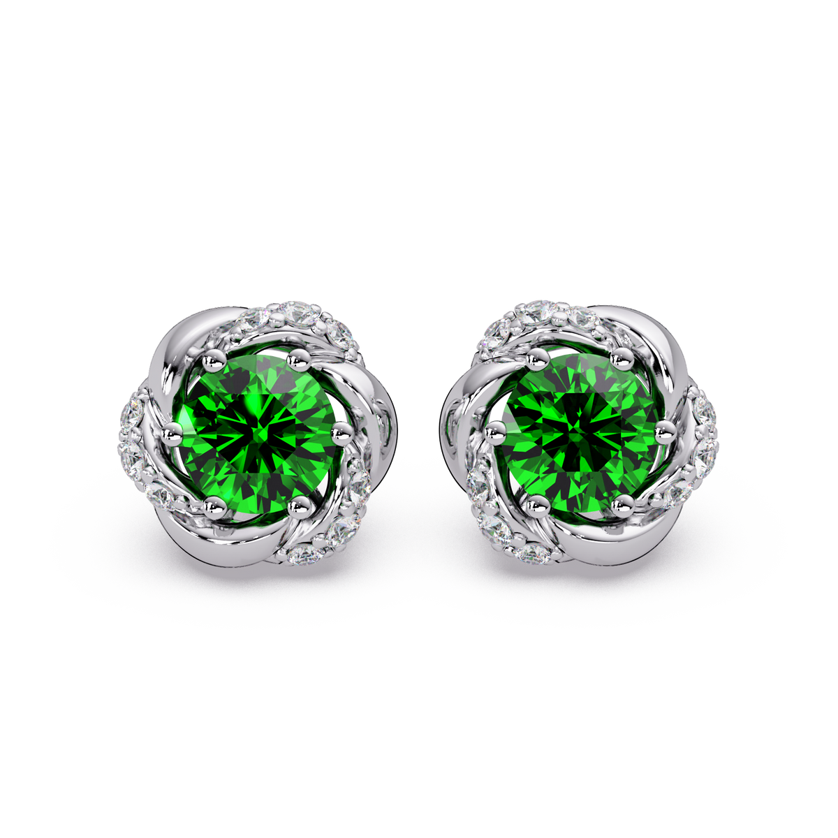 0.6 CTW Round Halo Colorstone Stud Earrings, Emerald Green, 14K White Gold