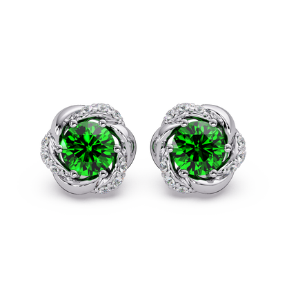 0.6 CTW Round Halo Colorstone Stud Earrings, Emerald Green, 14K White Gold