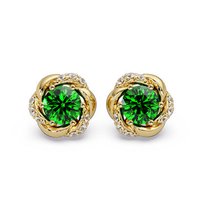 0.6 CTW Round Halo Colorstone Stud Earrings, Emerald Green, 14K Yellow Gold