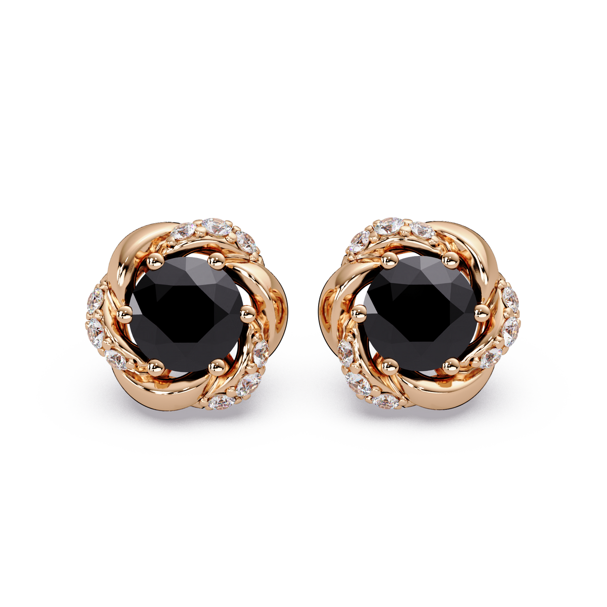 0.6 CTW Round Halo Colorstone Stud Earrings, Onyx, 14K Rose Gold