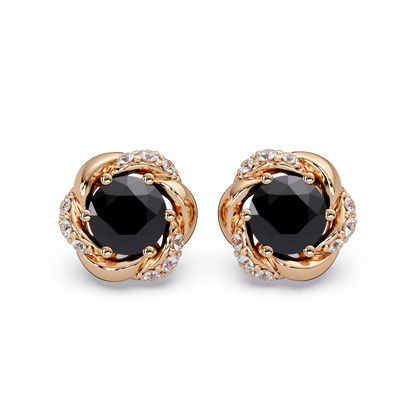 0.6 CTW Round Halo Colorstone Stud Earrings, Onyx, 14K Rose Gold