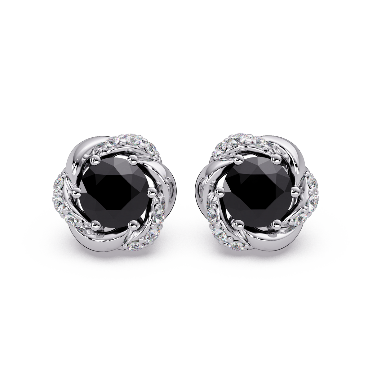 0.6 CTW Round Halo Colorstone Stud Earrings, Onyx, 14K White Gold