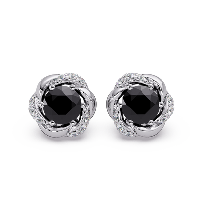 0.6 CTW Round Halo Colorstone Stud Earrings, Onyx, 14K White Gold