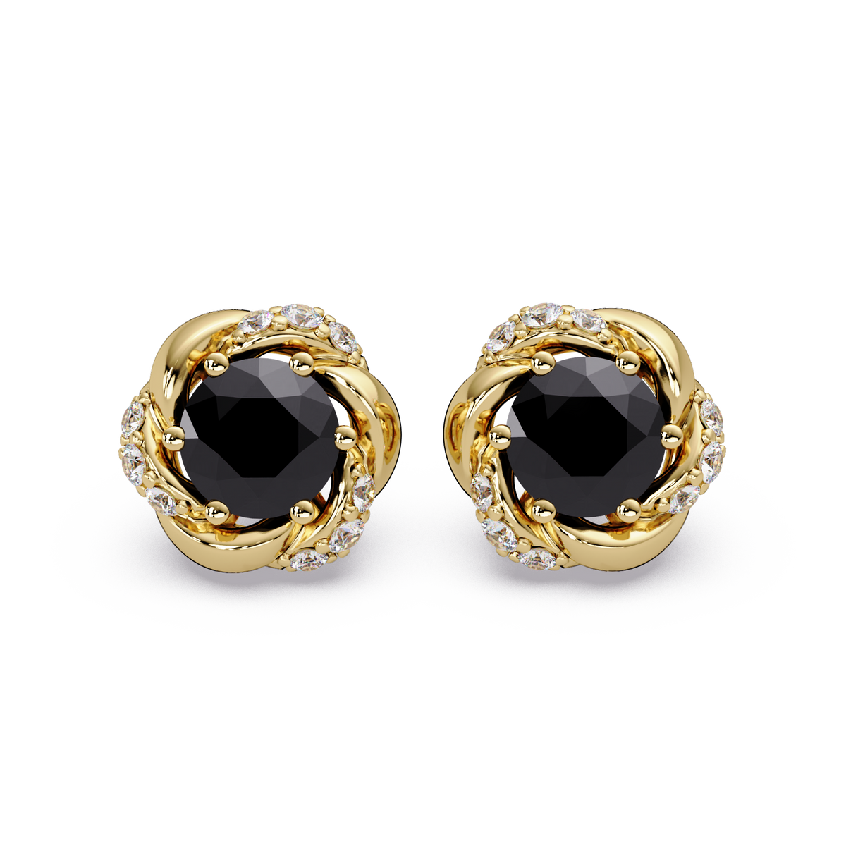 0.6 CTW Round Halo Colorstone Stud Earrings, Onyx, 14K Yellow Gold
