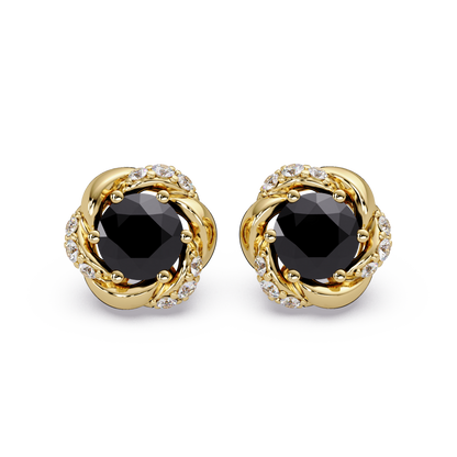 0.6 CTW Round Halo Colorstone Stud Earrings, Onyx, 14K Yellow Gold