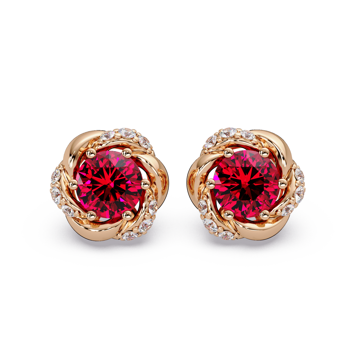 0.6 CTW Round Halo Colorstone Stud Earrings, Ruby Red, 14K Rose Gold
