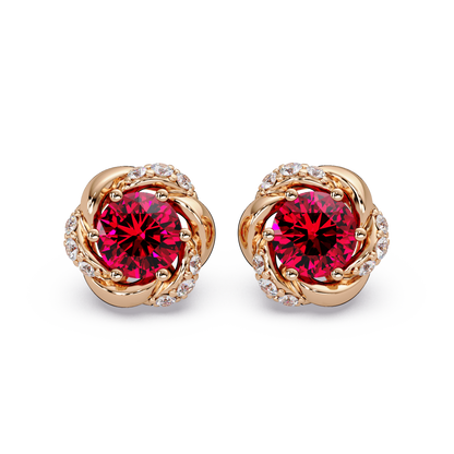 0.6 CTW Round Halo Colorstone Stud Earrings, Ruby Red, 14K Rose Gold