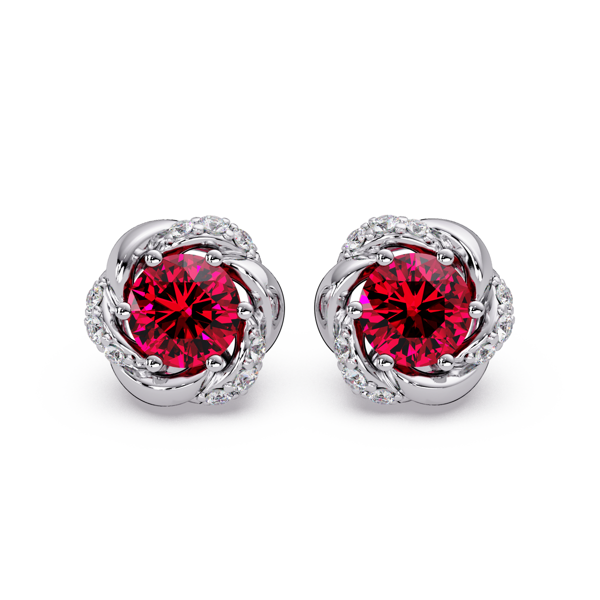 0.6 CTW Round Halo Colorstone Stud Earrings, Ruby Red, 14K White Gold