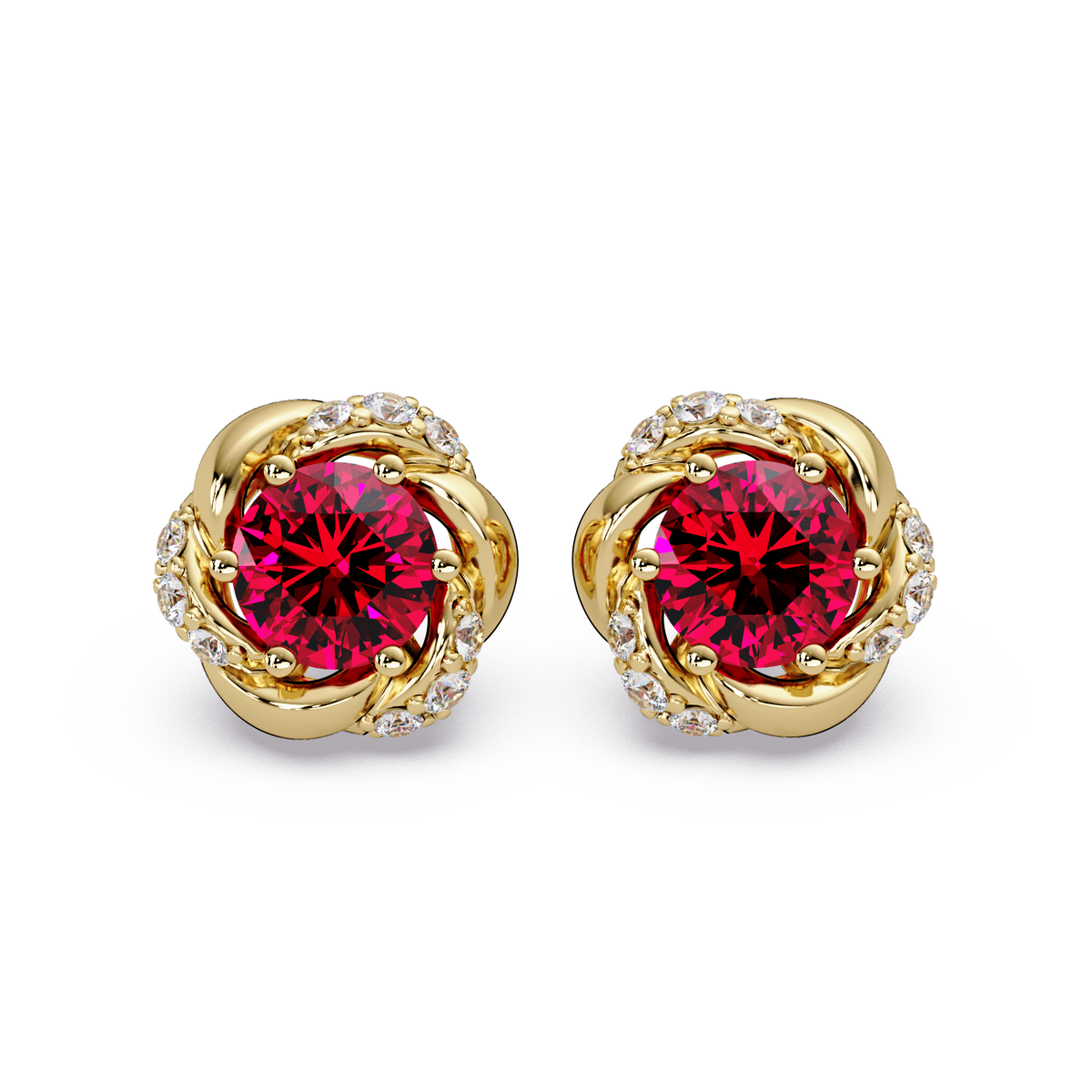 0.6 CTW Round Halo Colorstone Stud Earrings, Ruby Red, 14K Yellow Gold